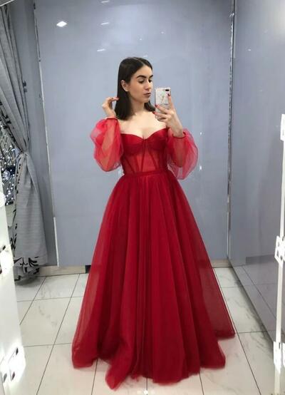 Floor Length Burgundy Tulle Long Prom Dresses