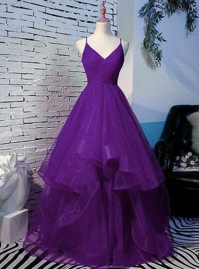 A Line Ball Gown Purple Long Prom Dresses