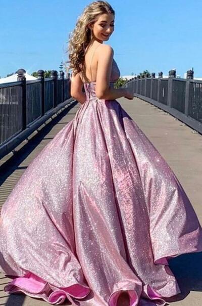 Shiny A Line V Neck Long Sequin Prom Dresses