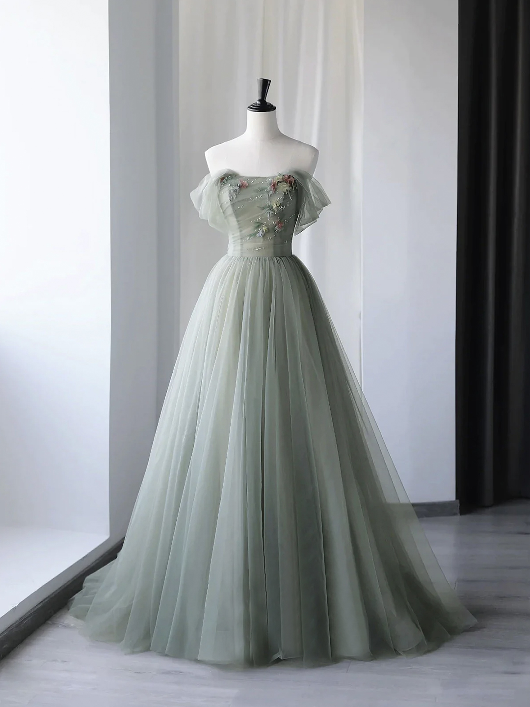Off Shoulder Green Tulle Floral Long Prom Dresses, Off the Shoulder Formal Dresses, Green Evening Dresses with 3D Flowers