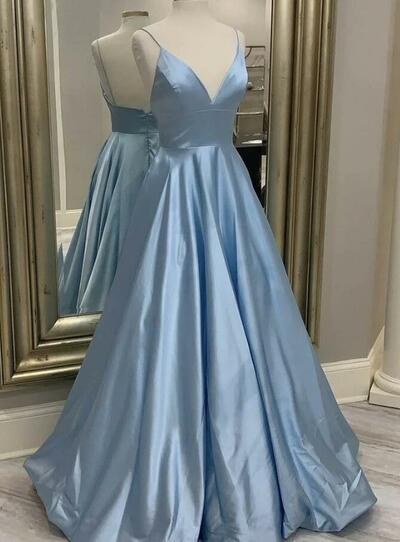 A Line Blue V Neck Satin Long Prom Evening Dresses