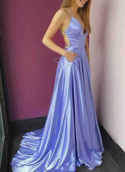 Simple Backless Open Back Lilac Satin Long Prom Dresses