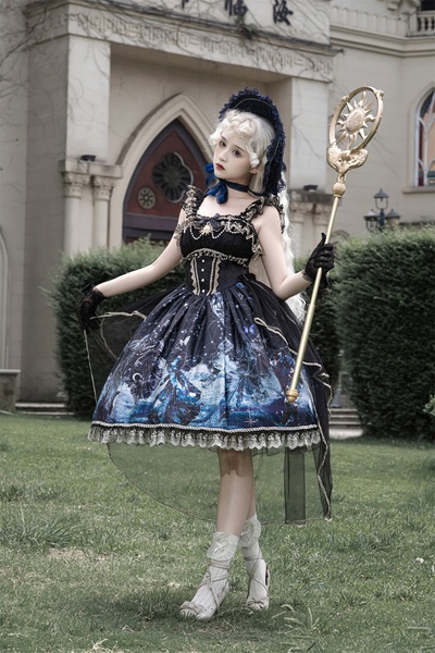 Dark Witch Starry Sky Rising Sun Goldfish Blue Black Gold Elegant Princess Strap Dress