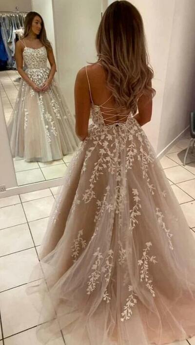 Straps Modest Champagne Lace Formal Prom Dresses