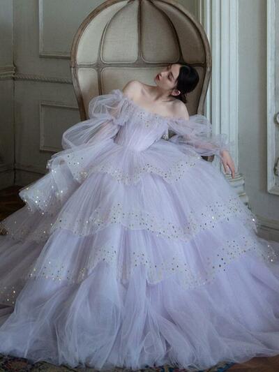 Charming Off Shoulder Light purple tulle long prom dresses