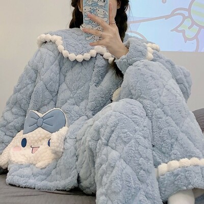Blue cinnamoroll girl thick plush coral fleece warm winter pajamas sleepwear two piece - Thumbnail 3