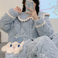 Blue Cinnamoroll Girl Thick Plush Coral Fleece Warm Winter Pajamas Sleepwear Two Piece - Thumbnail 1