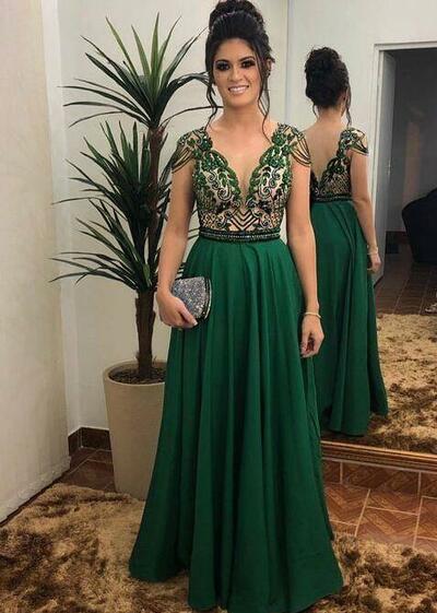 Floor-Length Green A Line Prom Dress with Beading