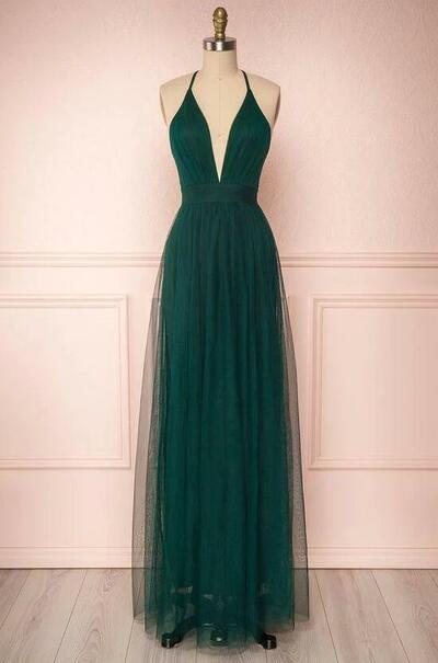 Simple A Line Green Tulle Prom Dresses