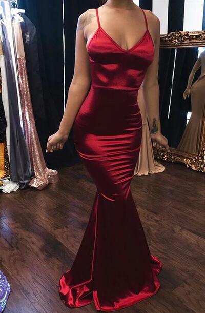 Spaghetti-Straps Long V-Neck Sleeveless Prom Dresses