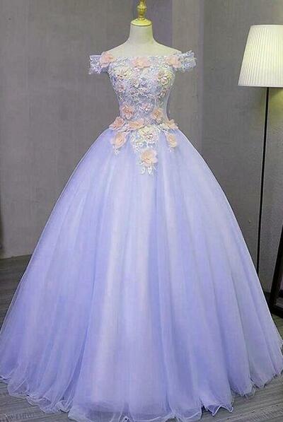 Off Shoulder Light Purple Tulle Long Prom Dresses