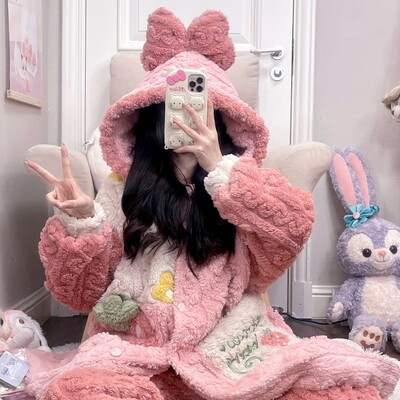 Sweet strawberry pink cute cartoon women girl thick plush coral fleece warm winter pajamas sleepwear hooded nightgown coat & pants two piece set - Thumbnail 5