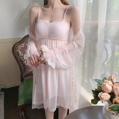 Elegant fairy soft sensual sexy women lace pink & yellow pajamas nightdress nightgown robe strap dress two piece set - Thumbnail 4