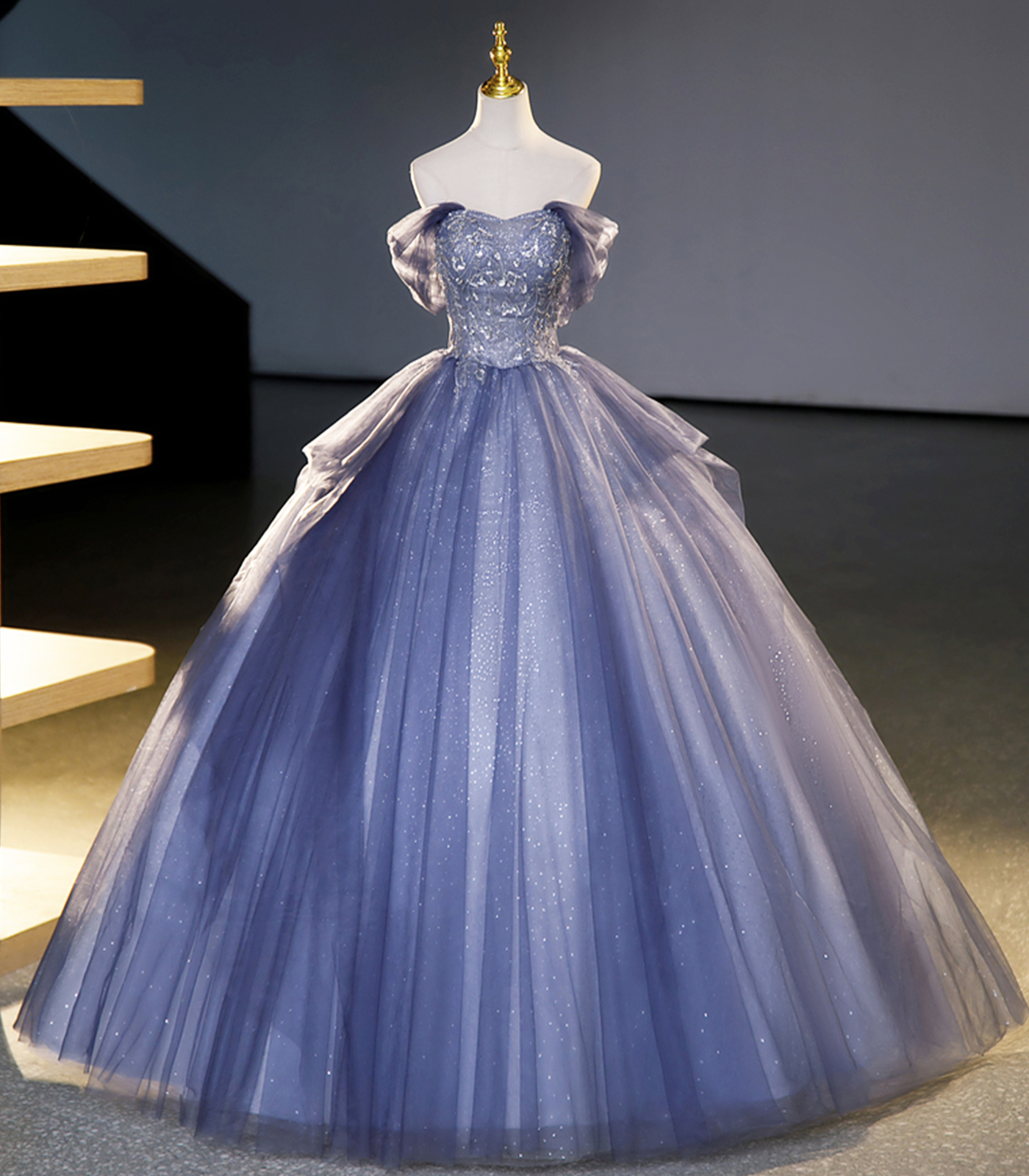 Blue Tulle Sequins Long Ball Gown, A-Line Tulle Prom Dress