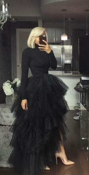 Sexy Black Long Sleeves Tulle Prom Dresses