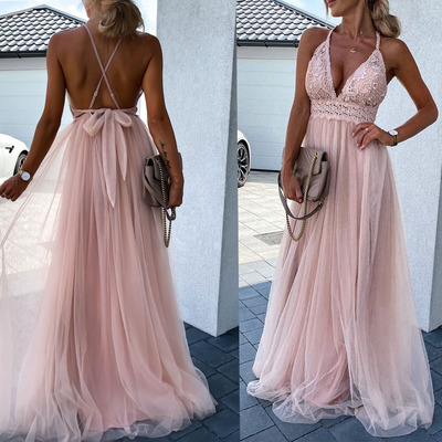 Pink Prom Dresses Tulle with Lace with Bowknot