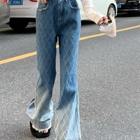 Ruffled Diamond Grid Pattern Fit Long Loose Wide Legs Trousers Pants Denim Jeans - Thumbnail 1
