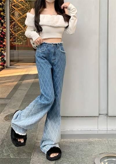 Ruffled Diamond Grid Pattern Fit Long Loose Wide Legs Trousers Pants Denim Jeans