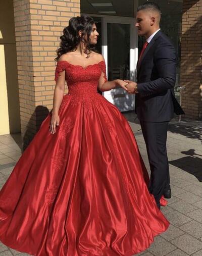 Off Shoulder Burgundy Ball Gown Satin Appliques Prom Dresses