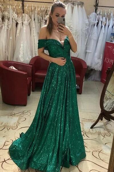 Off-the-Shoulder Green Sequins Long Evening Dress