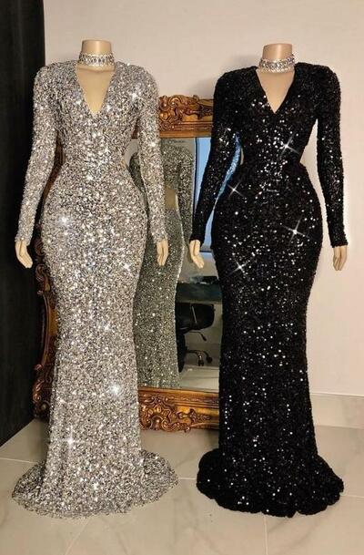 Glittering Sequins V-Neck Prom Dress With Long Sleeves
