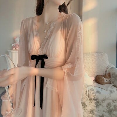 Pure desire sexy lace thin loose pink & white v neck strap nightdress & robe two piece set pajamas sleepwear nightgown - Thumbnail 5