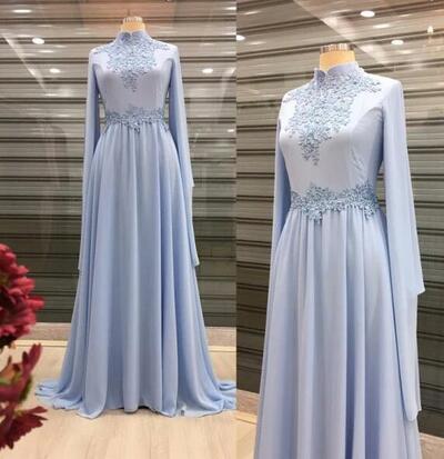 High Neckline A Line Chiffon Appliques Long Sleeve Prom Dresses