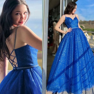 Royal blue sparkly criss cross long - Thumbnail 1