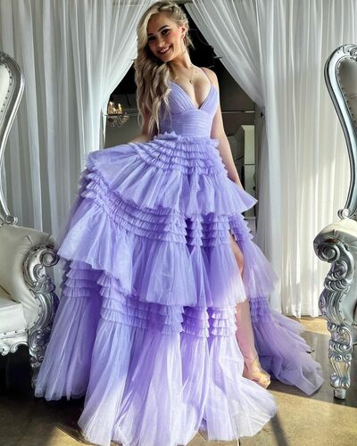 Cute Ball Gown V Neck Lavender Tulle Prom Dresses with Slit VK23051506