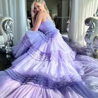 Cute Ball Gown V Neck Lavender Tulle Prom Dresses with Slit VK23051506 - Thumbnail 1