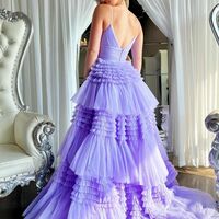 Cute Ball Gown V Neck Lavender Tulle Prom Dresses with Slit VK23051506 - Thumbnail 2