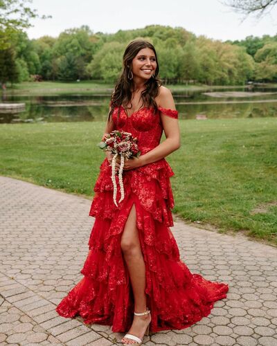 Cute Ball Gown Sweetheart Red Tulle Prom Dresses with Slit VK23051505