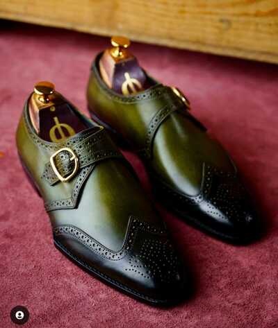 Men's Two Tone Double Buckle Shoes, Handmade Wing Tip Leather Shoes, Brogue Toe Shoes