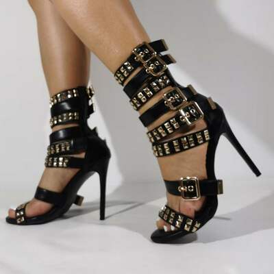 Rivets Straps Open Toe Ankle Wraps Stiletto High Heel Sandals