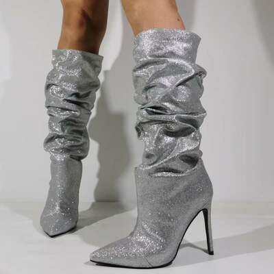 Slouch Mid-Calf Boots Thin High Heel Sexy Pointed Toe Women Dress Boots Slip On Pleated Snake Skin Custom Made Casual Dress Boot