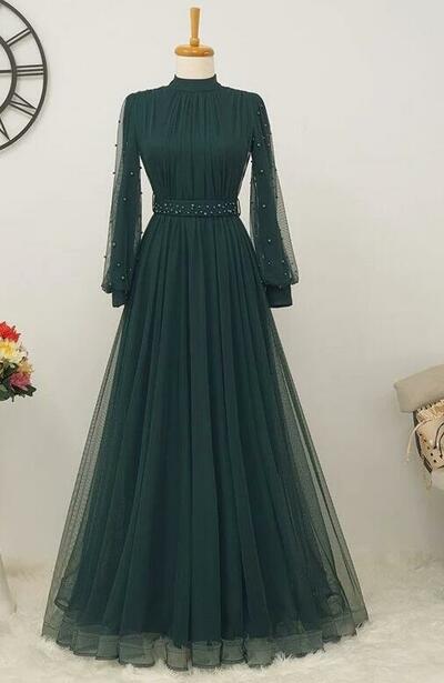 A Line High Neck Long Tulle Pearls Long Sleeve Muslim Prom Dresses