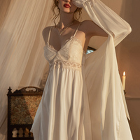 Sexy Elegant Classic Women Plain Smooth Silk Lace See Through Embroidery White Pink Pajamas Nightdress Nightgown Robe Two Piece Set - Thumbnail 1