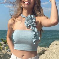 Flower Criss Cross Halter Sleeveless Vest Top - Thumbnail 5