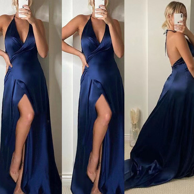 Halter Prom Dresses Navy Blue Slit Side