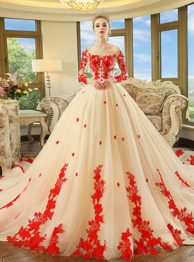 Champagne Long-sleeves Red Appliques Wedding Dresses with Royal Train,926