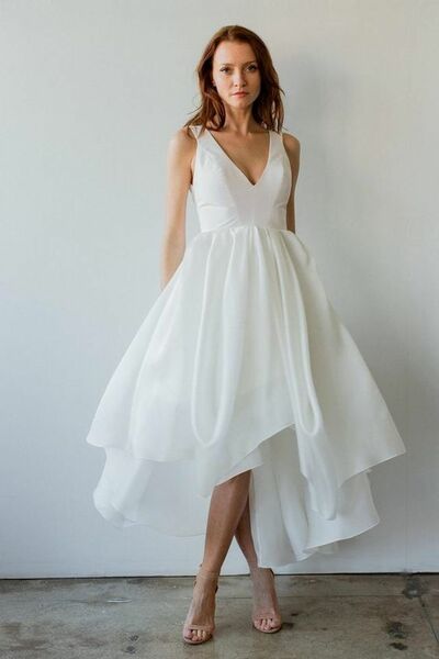 V-neckline Taffeta Short Wedding Dress with Asymmetric Hem,927