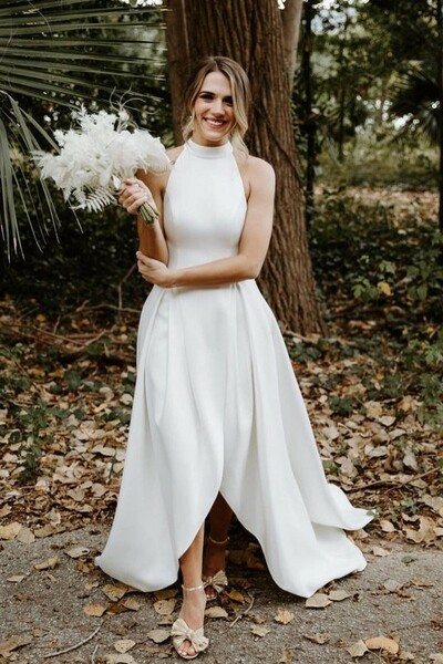 Simple Satin Outdoor Bridal Gowns with High Neck,929