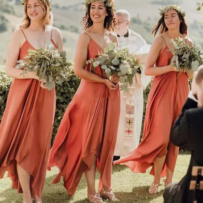 Bridesmaid Dresses Spaghetti Straps Orange Hi Low