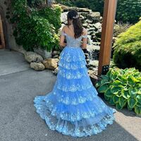 Cute A Line Off the Shoulder Blue Tulle Long Prom Dresses with Appliques VK23051903 - Thumbnail 1