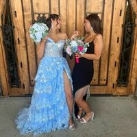 Cute A Line Off the Shoulder Blue Tulle Long Prom Dresses with Appliques VK23051903 - Thumbnail 2