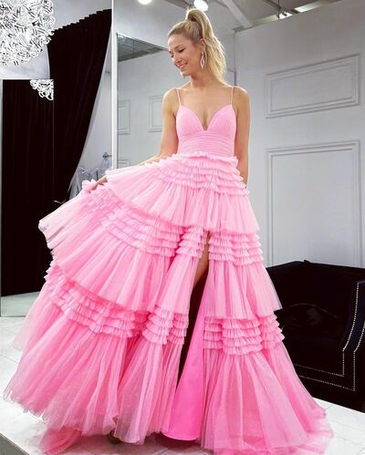 Cute Ball Gown V Neck Pink Tulle Long Prom Dress with Slit
