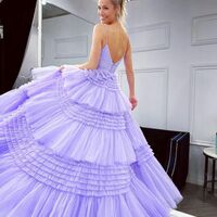 Cute Ball Gown V Neck Pink Tulle Long Prom Dress with Slit - Thumbnail 1