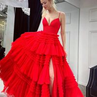 Cute Ball Gown V Neck Pink Tulle Long Prom Dress with Slit - Thumbnail 2