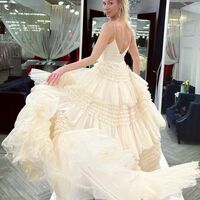 Cute Ball Gown V Neck Pink Tulle Long Prom Dress with Slit - Thumbnail 3