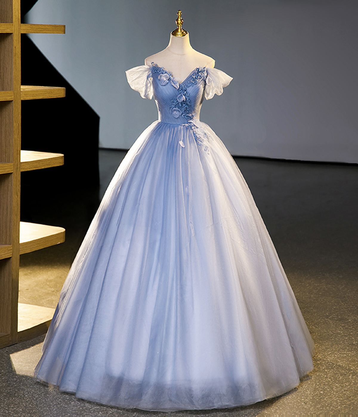 Blue V-Neck Tulle Long Prom Dress with Lace, Blue Evening Dress